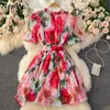 Nepoel zomer floral print chiffon mini jurk vrouw elegante boog bandage slanke taille gewaad vrouwelijke korte mouw standaard nek vestido y0726
