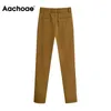 Aachoae Mode Brown Färg Långa byxor Kvinnor Pläterad Zipper Fly Penna Byxor Lady Baggy Elegant Kontorsbyxor Pantalon Femme Q0801