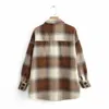 Femmes Vintage Couleur Correspondant Plaid Lâche Veste de laine Femelle Double Poches Oversize Manteau Outwear Casual Chic Tops CT386 210603