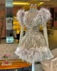 Luxury Beading Feather Short Cocktail Dresses High Neck See Thru Crystals Homecoming Dress With Long Flare Sleeves