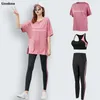 Solta Camiseta + Bra + Calças Mulheres Yoga 3 Parte Set Secagem Fitness Ginásio Terno Ao Ar Livre Sportswear Roupas Running Plus Size 4XL 210802