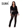 Solid Color See Through Mesh Patchwork Sexy Women 2 Piece Set Zipper Long Sleeve Slim Top Stacked Flare Pants Party Club Outfits 210525