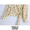 TRAF女性ファッション弓をつなぐ花のプリントブラウスヴィンテージvネック長袖女性シャツBlusas Chic Tops 210415