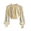 Frühling All Match-Bluse Weibliche halbhoche Stand-up-Kragen-Kragen aus Papier-Hülse-Spitze Blusa Mesh T-Shirt C843 210506