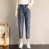 Streetwear Sıcak Kış Kadife Kot Kadın Kore Moda Harem Elastik Yüksek Bel Pantolon Ayak Bileği Baggy Rahat Mavi Denim Lady 211129