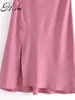Woman Dress Satin Sleeveless Spaghetti Strap Straight Solid Shiny Sundress Sexy Imitation Silk Pink Split Vestidos 210430