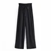 Za Black High Waist Flowy Summer Pants Women Elastic Waist Front Darts Tied Wide Leg Pants Feminine Chic Vintage Trousers 210602