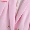 Tangada mulheres moda rosa tweed longo blazer casaco vintage dupla manga longa manga longa feminina outerwear chique tops be597 210609