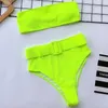 Sexy Neon Green Swimsuit High Wile Bikini 2021 Women Thong Swimwear Female Due pezzi Bikini Set di fibbie per la fibbia abitazione da bagno Y0820