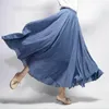 Сплошной цвет национальный стиль расширение летняя юбка Большой размер эластичная талия льняная полоса a-line половина длинных юбок 19 цветов 9957