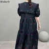 Black Print Dress for Women Ruffles Peter Pan Collar High Waist Vestidos Mujer Loose Puff Sleeve Vintage Maxi Dresses 210519