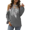 Plus Size Chiffon Shirt Women Sexy Off Shoulder Hollow Out Feather Print Casual Loose Blouse Autumn O Neck Long Sleeve Tops 210522