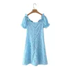 Летний синий квадратный воротник винтажный цветочный принт сплит слоеная рукава мини-платья женщины Vestido de Mujer 210508