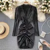 YuooMuoo Ins mode Sexy col en v profond robe moulante dorée femmes taille mince froncé robe de soirée courte boîte de nuit robe de dame X0521