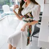 Korean Style Summer Women Elegant Fake Two Piece Shirt Office Lady Fashion Print Bow Belt Patchwork Mid-Calf Dress 210416