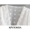 KPYTOMOA KOBIETA moda Postrzegana przez kropkową szyfonową bluzki Vintage Deep V Szyja Latarna Sieciki Koszule Chic Tops 210401