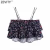 Zevity kobiety Tropical Floral Print Cascading Ruffles Sling Short Smock Bluzka Kobiet Spaghetti Pasek Koszula Chic Crop Tops LS9242 210603