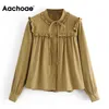 Mulheres Elegante Laço Bruxes Khaki Blusa Escritório Ladeis Casual Túnica Camisa Longa Manga Chique Tops Blusas Mujer 210413