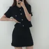 Nomikuma coreano elegante dois pedaços roupas de manga curta bolsos cardigan tops + cintura alta mini saia mulheres conjuntos de moda 6h127 210427