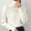 女性セーター冬タートルネック暖かいプルジャンパーストライプニットトップス長袖基本リニング210430