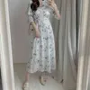 V Neck Pullover Puff Long Sleeve Dress Women Vintage Print Spring Long Vestidos High Waist Hip A Line Robe Ol Slim 210514