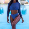 Women's Swimwear 3pcs Ladies Long Sleeve Mesh Split Swimsuit Sexy Bikini Set High Waist Rash Guard Biquini Tankini For Women