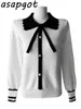SweatersJumpers Temperament Chic Butterfly Collar Pullovers Trui Lace Up Bow Pearl Button Lange Mouw Contrast Knitwear Top 210610