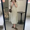 Minimalistische V-hals Zomer Veterschoenen Hoge Taille Meisjes Korte Mouwen A-Lijn Vintage Florals Lange Jurken Vestidos 210525