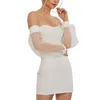 Kvinnor Pencil Dress Puff Sleeve Transparent Solid Färg Off-The-Shoulder Mesh Slim Elegant Ladies Mini Kläder 210522