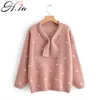 H.SA Dames Winter Lange Mouwen Crew Hals Roze Pullover en Trui Polka Dots Bow Sweaters Kawaii Knitwear Tops 210417