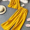 Mujeres sexy volantes camisa tops + pantalones rectos delgados traje de playa ropa de verano mujer gasa conjuntos de dos piezas femme 210525