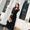 spring Lady Mid-length cupcake dress Retro feminine V-neck women Slim long-sleeve Red and black top 2473 50 210521