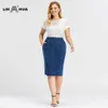 LiH Hua Kvinnors Plus Storlek Casual Denim Skirt High Flexibility Fashion Stickad 210629