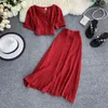 Short Design Front Buttons Tops And Long Skirt 2pcs Dress Solid Color Side Open Blouse