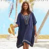 Embroidery Caftan Beach Tunic Cotton Cover up Saida de Praia Swimsuit Women Bikini cover Pareo Sarong wear #Q932 210420