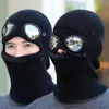 Beretten mode winter mannen warme muts hoed één - stuk gebreide bril caps caps man's winddichte beschermende nek warmer