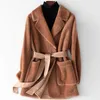 Women's Fur & Faux 2021 Fashion Autumn Women High Quality Wool Leather Coat Chic Pockets Belt C560