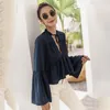 Deep V Neck Lace Up Pelpum Crop Top Blouse Women Flare Sleeve Office Ladies T Shirts Höst Vinter Toppar 210427