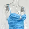 Colysmo Satin Dressセクシーな巾着スパゲッティストラップバックレスRuchedは女性パーティーシックなvestidosのためのボディコンドレス210527