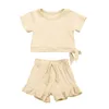 Sommar Barnkläder Set Baby Girls Round Collar Shirt Bowknot Cotton Tops + Lace Shorts 2st / Set ZYY897