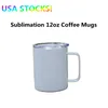 LOCAL WAREHOUSE Sublimation 10oz Coffee Mugs Tumblers with Handle Sliding Lid Stainless Steel Double Wall Insulated Vacuum Blanks Car Cups Heat Transfer Printing