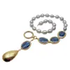 YﾷYING Naturelle d'eau Douce de Culture de Riz Gris Perle Ovale Bleu Kyanites Y Design Pendentif Collier 19"