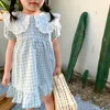 Zomer Koreaanse katoenen Puff Sleeve Plaid Meisjes Prinses Jurk Kant-ene Sailor Collar Kids Baby Meisjes Kinderkleding 210615