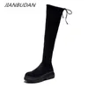 JIANBUDAN plate-forme compensée femmes automne cuissardes hiver en peluche sur les bottes au genou Sexy femme stretch bottes à talons hauts 34-40 Y0914