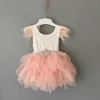 Prinses baby veren jurk 1e verjaardagsfeestje peuter meisjes kant vliegende mouw zomerjurk kinderen Tutu kleding met sjerpen Q07161579427
