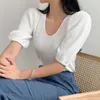 Korejpaa Girl Tシャツ夏の韓国シックな気質すべてマッチ痩身Uネックピットストリップソリッドカラーパフスリーブニットトップ210526
