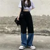 Kvinnors Jeans Y2K Streetwear Vintage Elastic High Waist Wide Ben Byxor Harajuku Splicing Straight Baggy Denim Trouser 210809