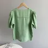 Women Green Daliy Linen Blusas Elegant Blouse V-neck Short Puff Sleeve Loose Shirt Fashion Summer 16W882 210510