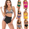 En stock Maillots de bain pour femmes licol taille haute solide imprimé multicolore fendu deux pièces bikini bande de cou sexy maillot de bain 15 couleurs ottie