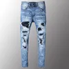 Luxury Jeans Mens Mäns Rhinestone Crystal Patchwork Light Blue Ripped Slim Fit Skinny Stretch Denim Byxor